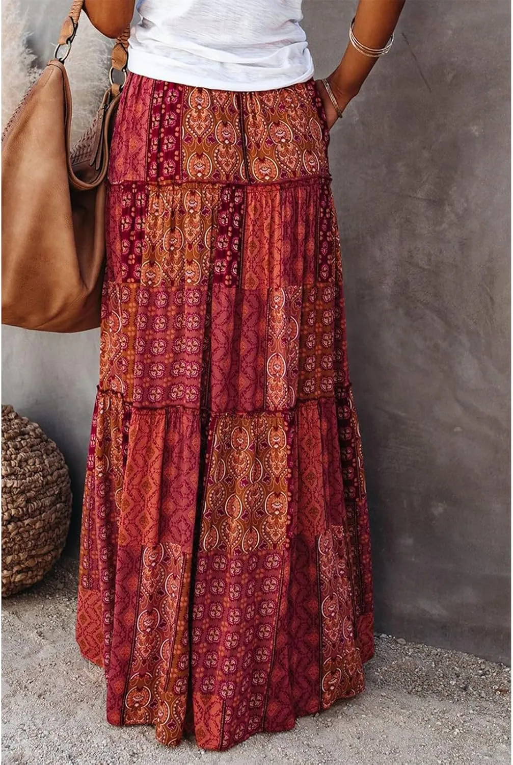 Maxi Skirts for Women,Elastic High Waisted Drawstring Ruffle Hem Bohemian Flowy Skirts Trendy 2025 Summer Vacation