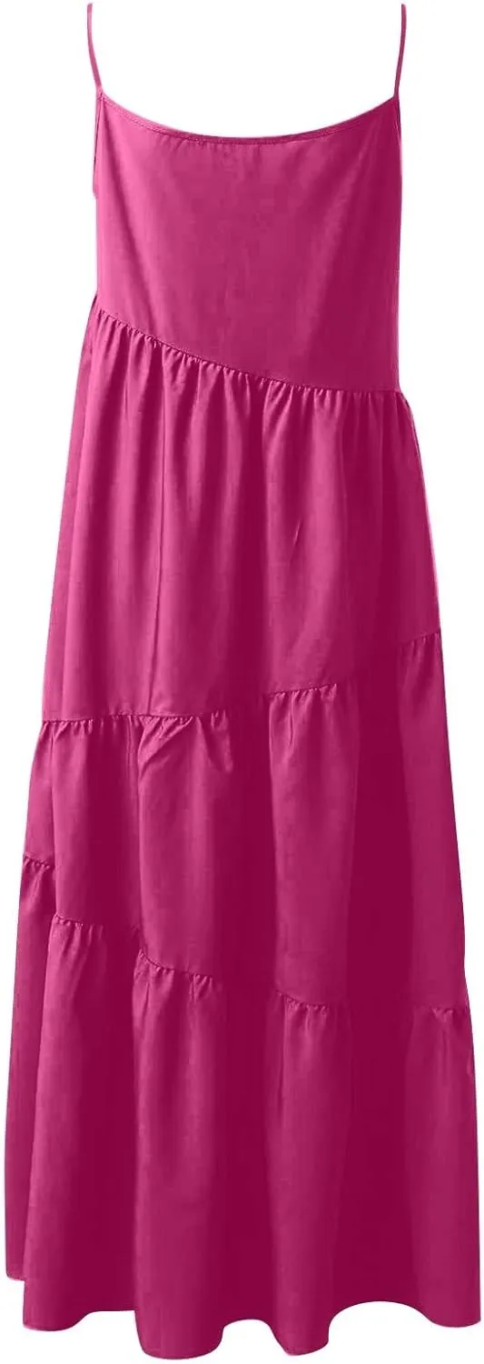 Maxi Sundresses for Women Summer Boho Beach Loose Spaghetti Strap Smocked Tiered A Line Dress Resort Long Flowy Dresses