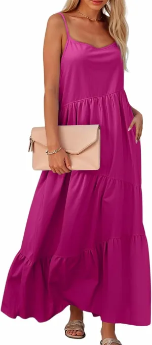 Maxi Sundresses for Women Summer Boho Beach Loose Spaghetti Strap Smocked Tiered A Line Dress Resort Long Flowy Dresses