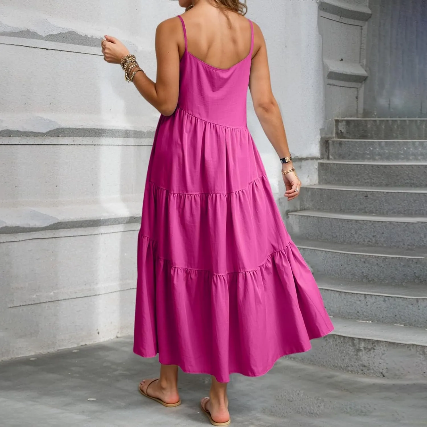 Maxi Sundresses for Women Summer Boho Beach Loose Spaghetti Strap Smocked Tiered A Line Dress Resort Long Flowy Dresses
