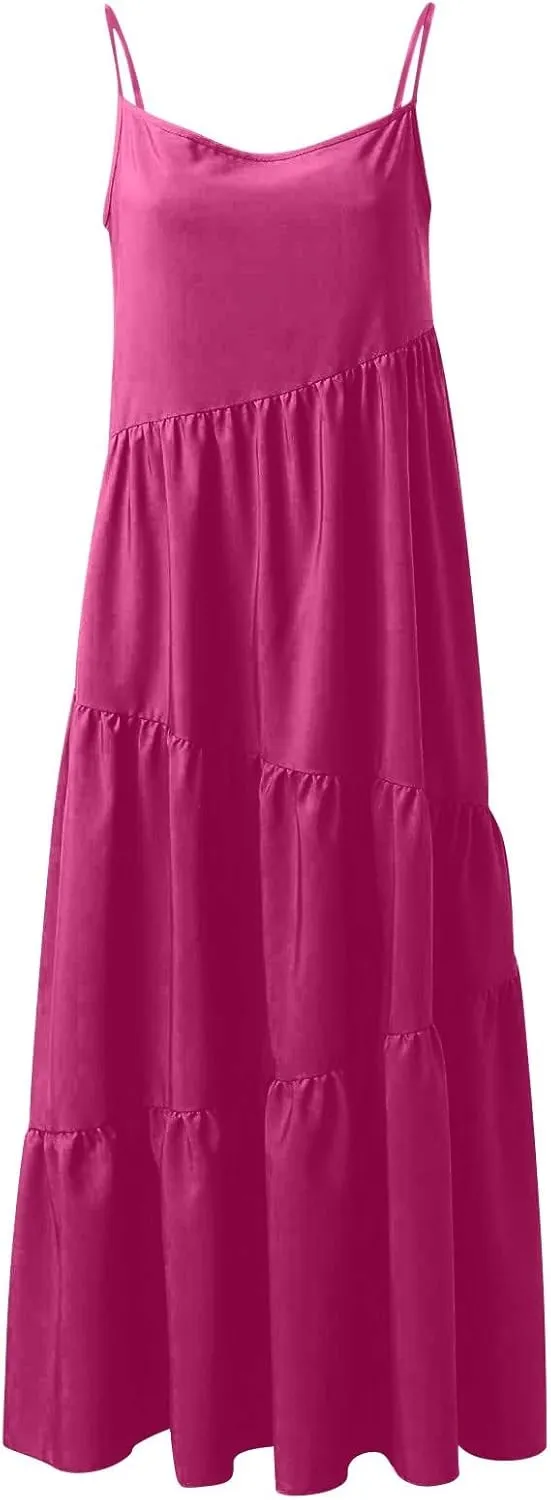 Maxi Sundresses for Women Summer Boho Beach Loose Spaghetti Strap Smocked Tiered A Line Dress Resort Long Flowy Dresses