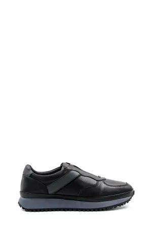 Men's Black Leather Slip-On Sneakers with Fur Lining and Grey Sole - Wessi