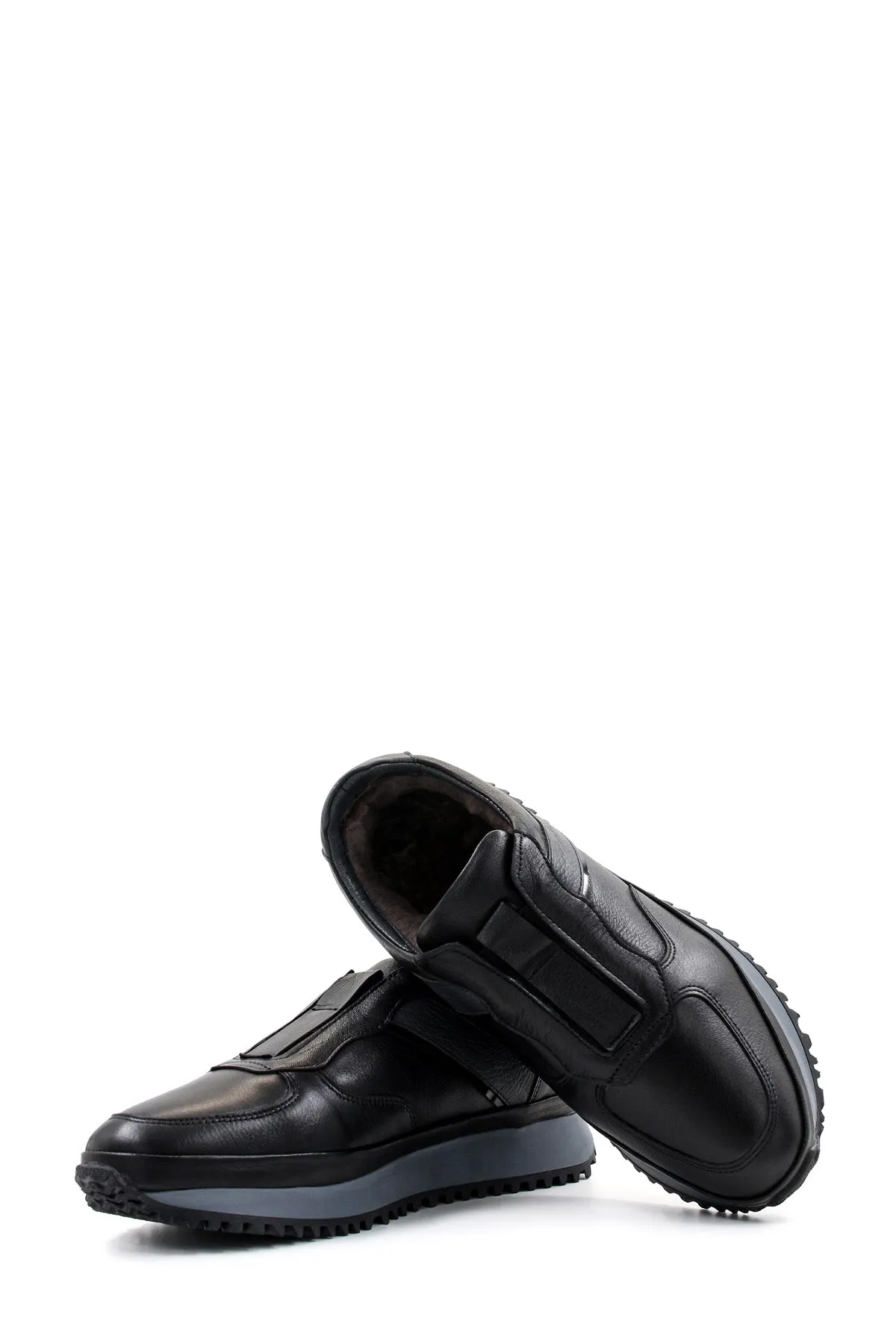 Men's Black Leather Slip-On Sneakers with Fur Lining and Grey Sole - Wessi
