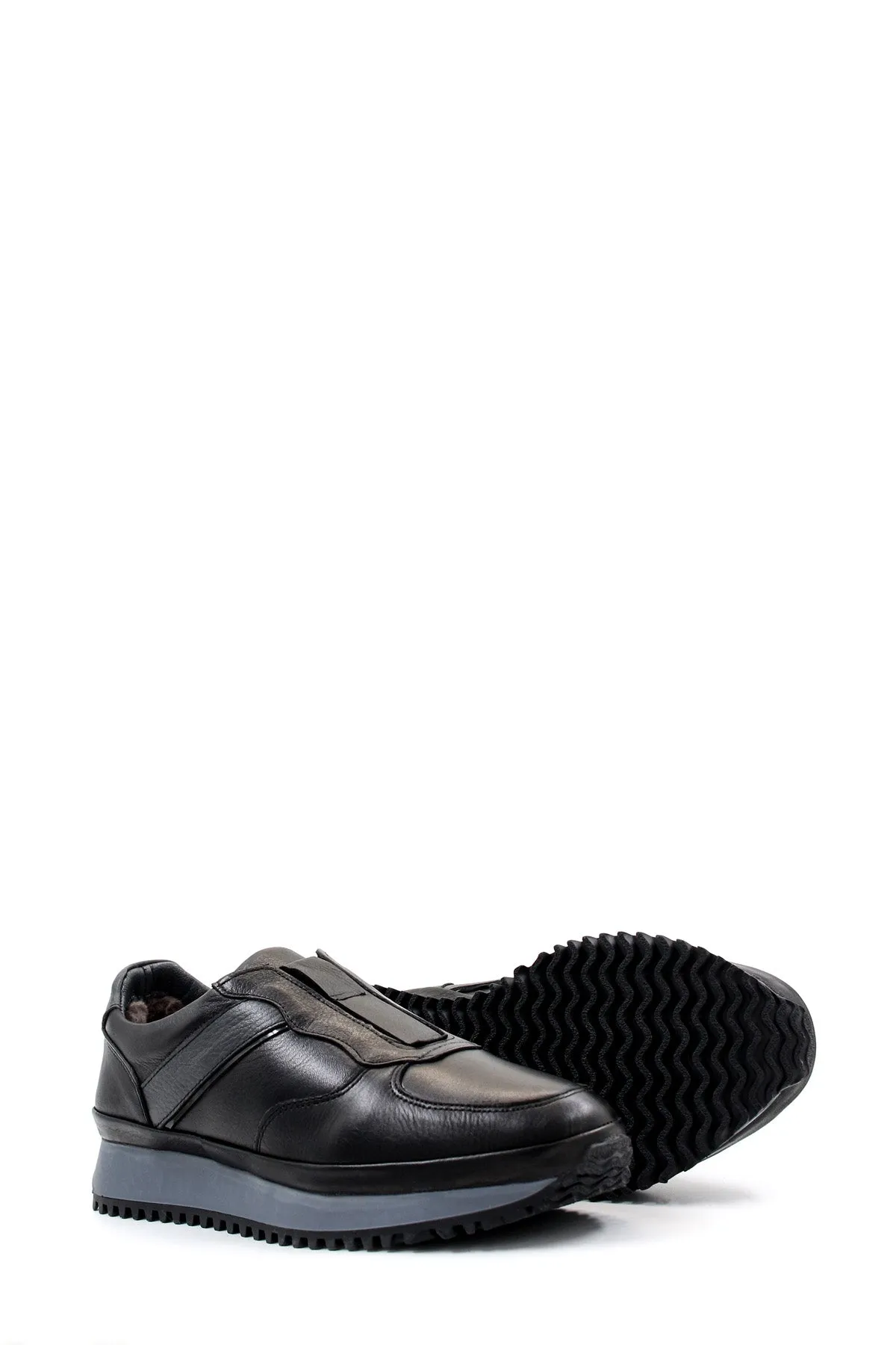 Men's Black Leather Slip-On Sneakers with Fur Lining and Grey Sole - Wessi