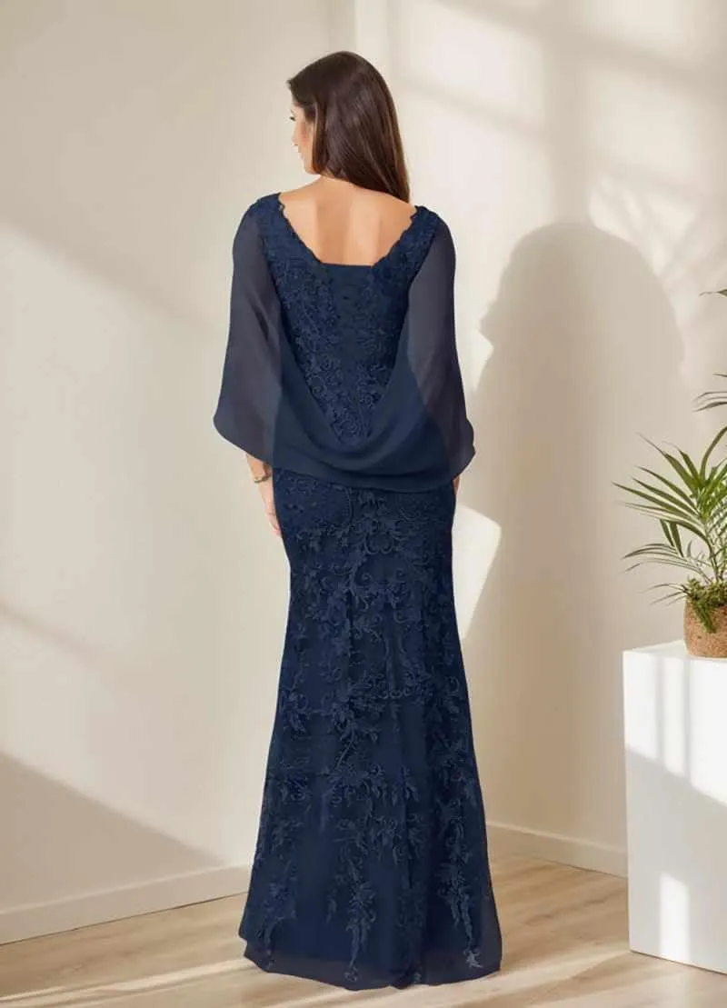 Mermaid Mother of The Bride Dresses with Cape Lace Wedding Party Dress V Neck Formal Gowns for Women