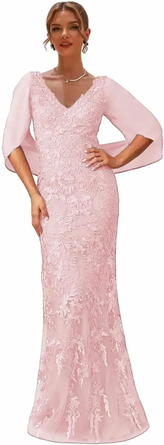 Mermaid Mother of The Bride Dresses with Cape Lace Wedding Party Dress V Neck Formal Gowns for Women
