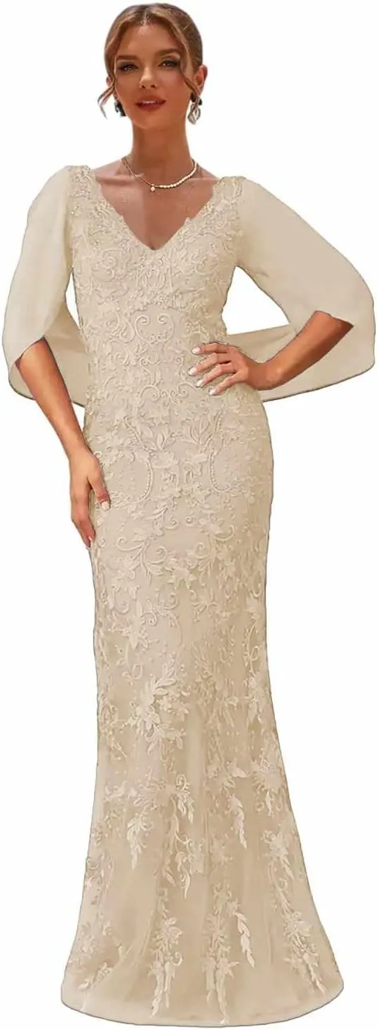 Mermaid Mother of The Bride Dresses with Cape Lace Wedding Party Dress V Neck Formal Gowns for Women