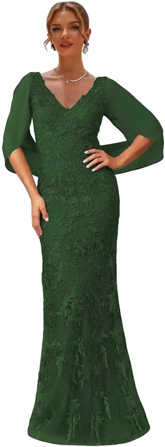 Mermaid Mother of The Bride Dresses with Cape Lace Wedding Party Dress V Neck Formal Gowns for Women