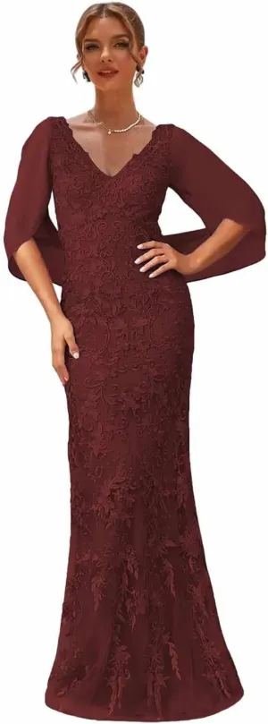 Mermaid Mother of The Bride Dresses with Cape Lace Wedding Party Dress V Neck Formal Gowns for Women
