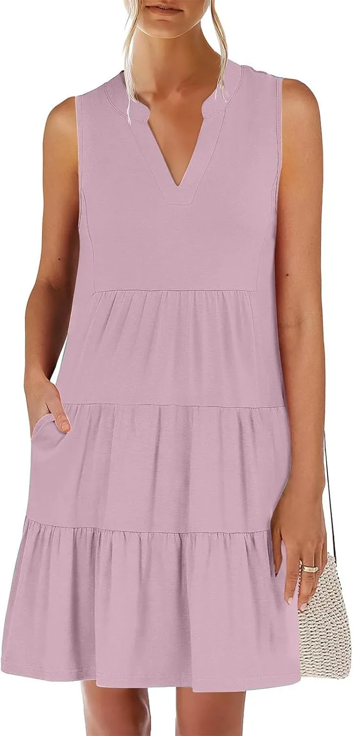 Midi Dress for Women Sleeveless V Neck Tiered Summer Dresses Flowy Swing Sundress Boho Beach Vacation Dress