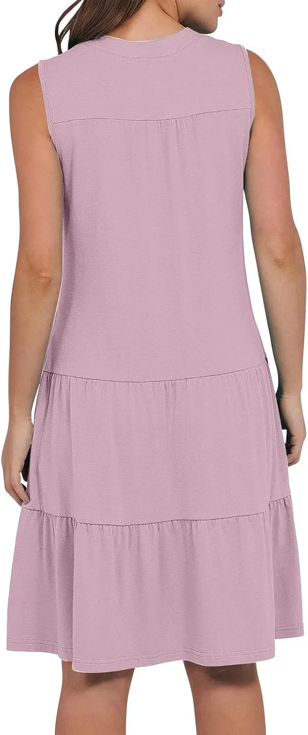 Midi Dress for Women Sleeveless V Neck Tiered Summer Dresses Flowy Swing Sundress Boho Beach Vacation Dress
