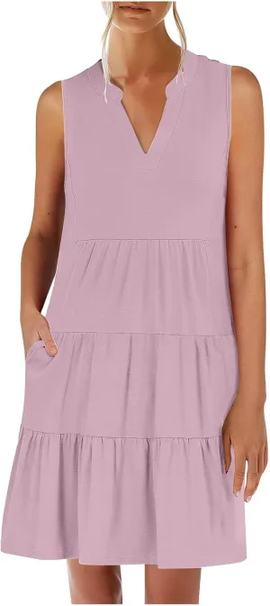 Midi Dress for Women Sleeveless V Neck Tiered Summer Dresses Flowy Swing Sundress Boho Beach Vacation Dress