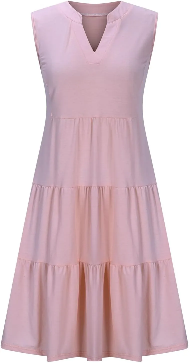 Midi Dress for Women Sleeveless V Neck Tiered Summer Dresses Flowy Swing Sundress Boho Beach Vacation Dress