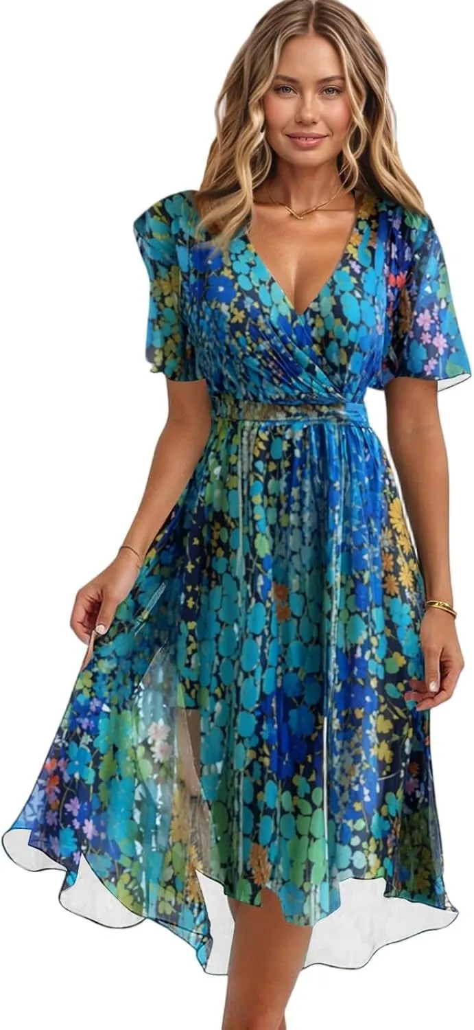 Midi Dresses for Women 2025,Womens Spring Dress Wrap Flowy Wedding Guest Prom Summer Sexy Dresses Floral Chiffon