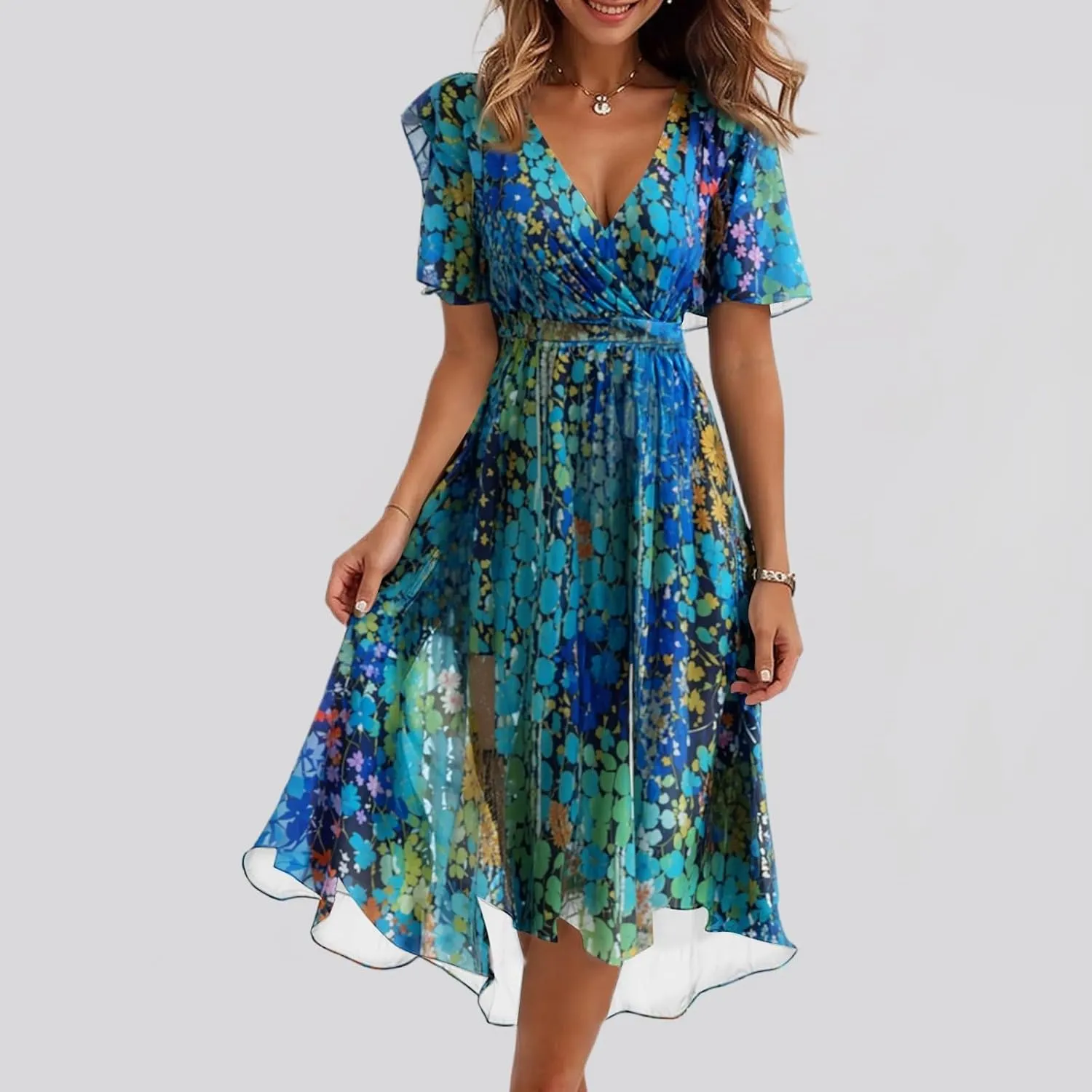 Midi Dresses for Women 2025,Womens Spring Dress Wrap Flowy Wedding Guest Prom Summer Sexy Dresses Floral Chiffon