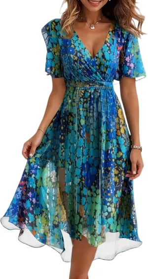 Midi Dresses for Women 2025,Womens Spring Dress Wrap Flowy Wedding Guest Prom Summer Sexy Dresses Floral Chiffon