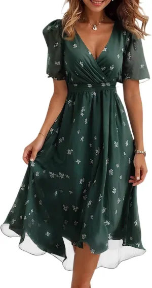 Midi Dresses for Women 2025,Womens Spring Dress Wrap Flowy Wedding Guest Prom Summer Sexy Dresses Floral Chiffon