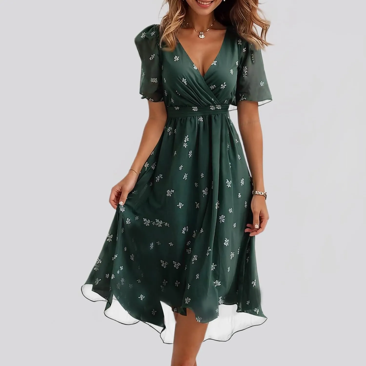 Midi Dresses for Women 2025,Womens Spring Dress Wrap Flowy Wedding Guest Prom Summer Sexy Dresses Floral Chiffon