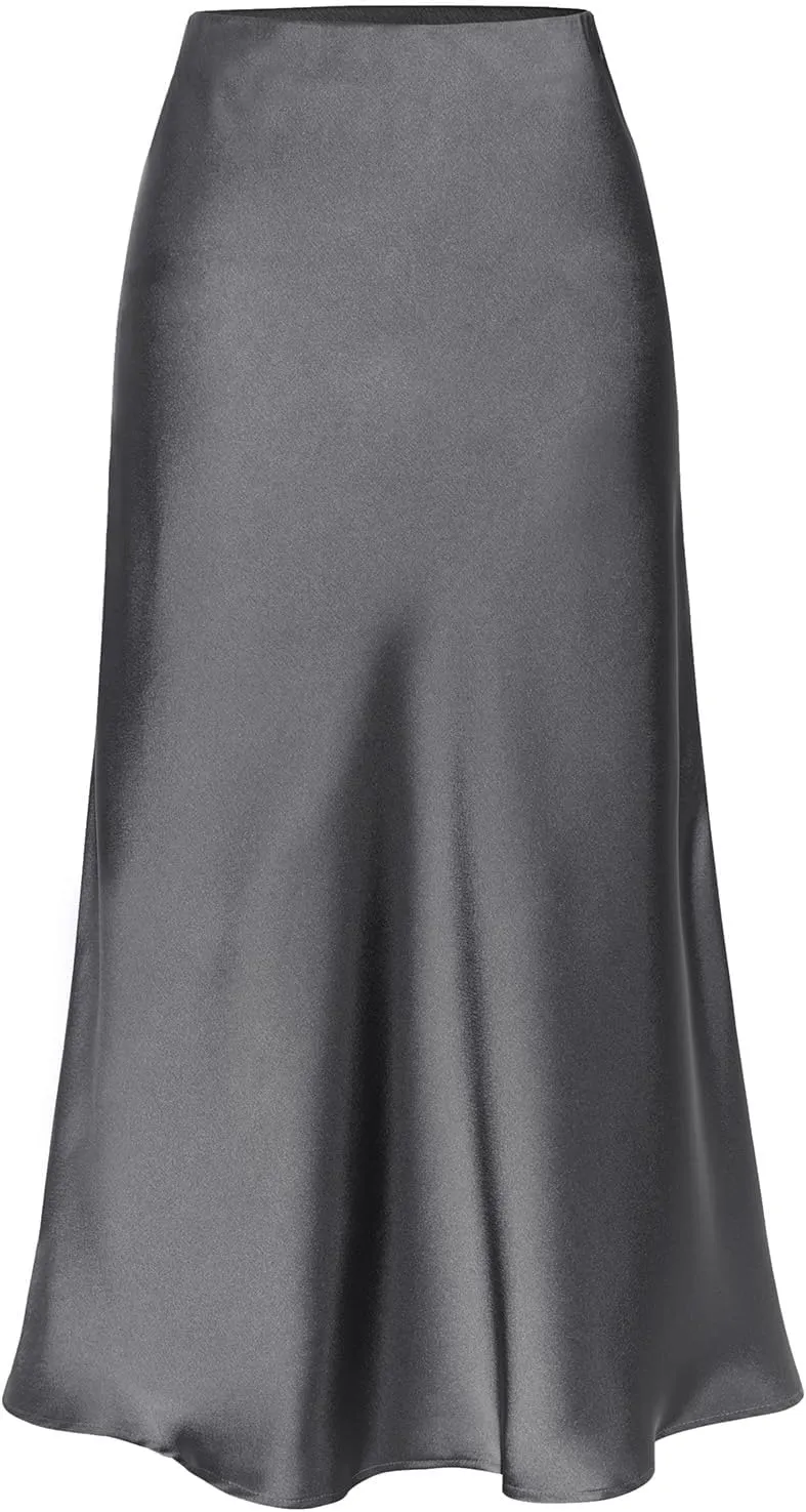 Midi Satin Skirts for Women with Slit Silk Skirts for Women High Waist Silky Side Split Party Flared Casual A Line Midi Skirt