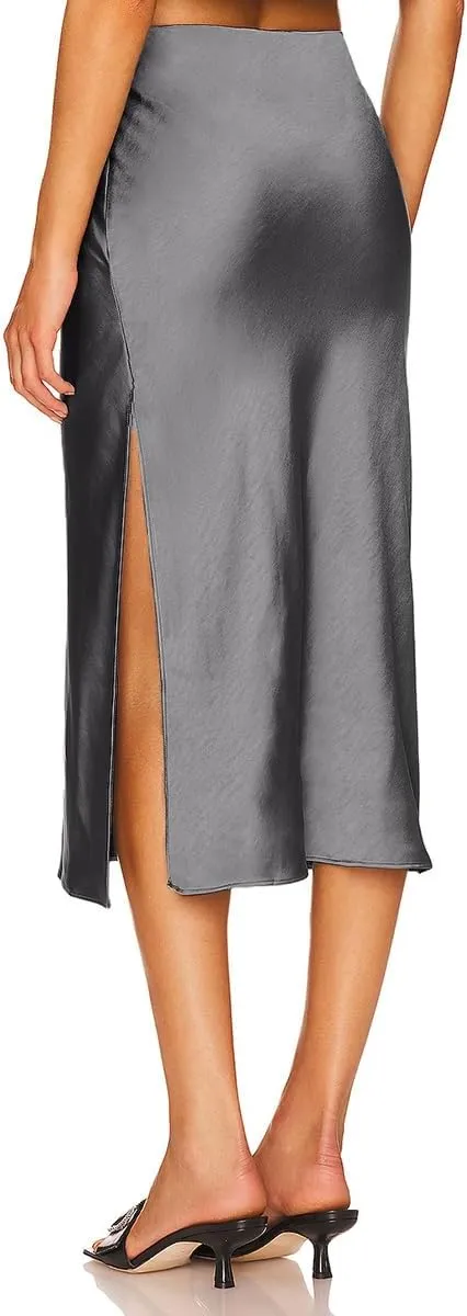 Midi Satin Skirts for Women with Slit Silk Skirts for Women High Waist Silky Side Split Party Flared Casual A Line Midi Skirt