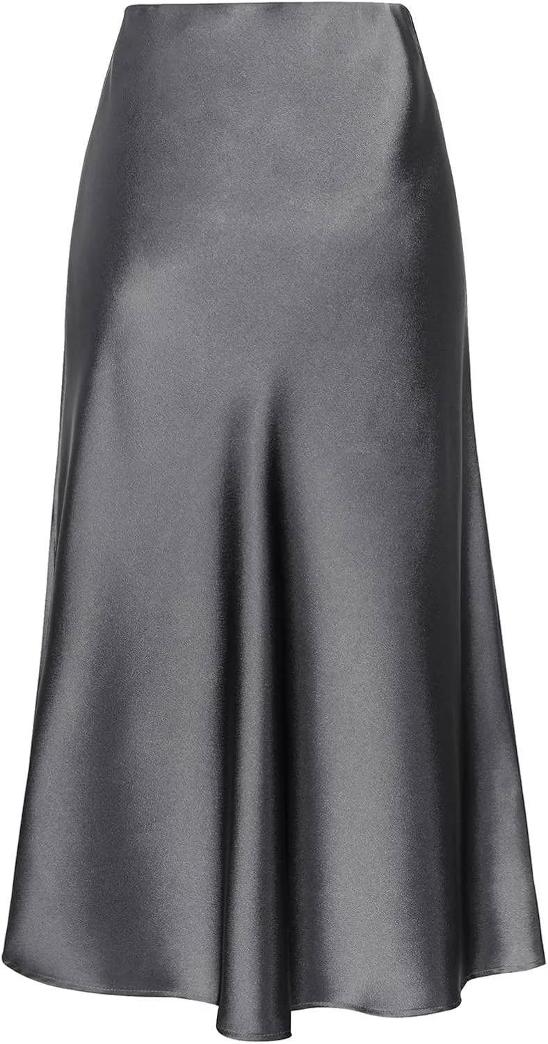 Midi Satin Skirts for Women with Slit Silk Skirts for Women High Waist Silky Side Split Party Flared Casual A Line Midi Skirt