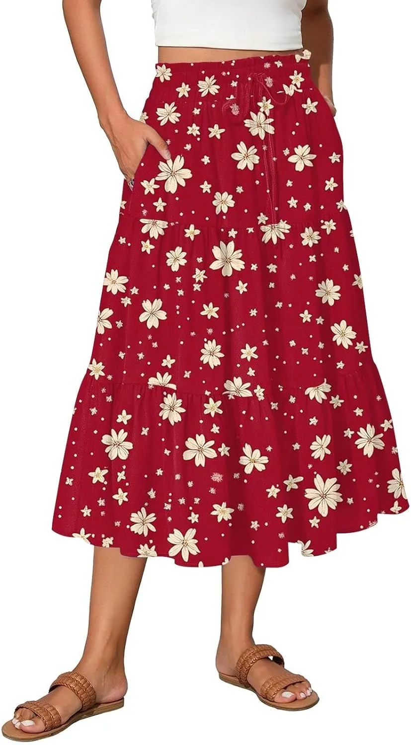 Midi Skirts for Women 2025 Boho Floral Skirts High Elastic Waisted Tiered Ruffle Skirt Flowy A Line Skorts with Pockets