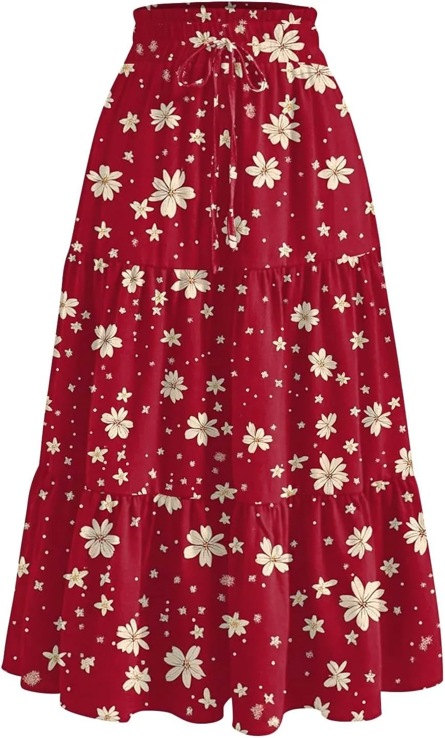 Midi Skirts for Women 2025 Boho Floral Skirts High Elastic Waisted Tiered Ruffle Skirt Flowy A Line Skorts with Pockets