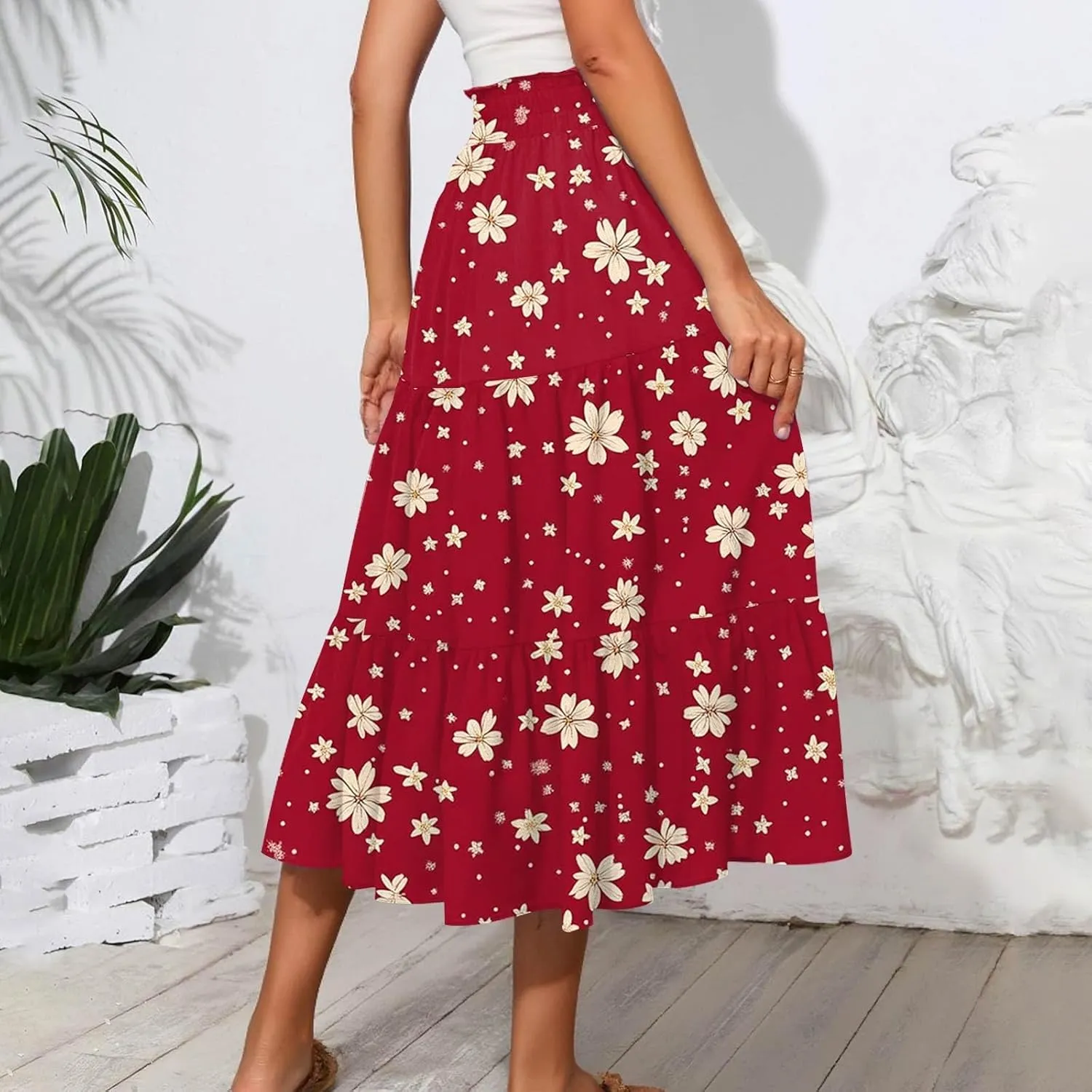 Midi Skirts for Women 2025 Boho Floral Skirts High Elastic Waisted Tiered Ruffle Skirt Flowy A Line Skorts with Pockets