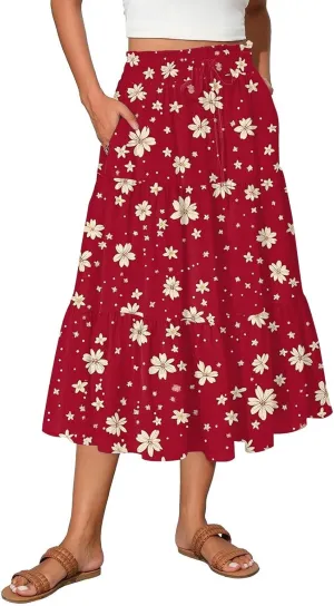 Midi Skirts for Women 2025 Boho Floral Skirts High Elastic Waisted Tiered Ruffle Skirt Flowy A Line Skorts with Pockets