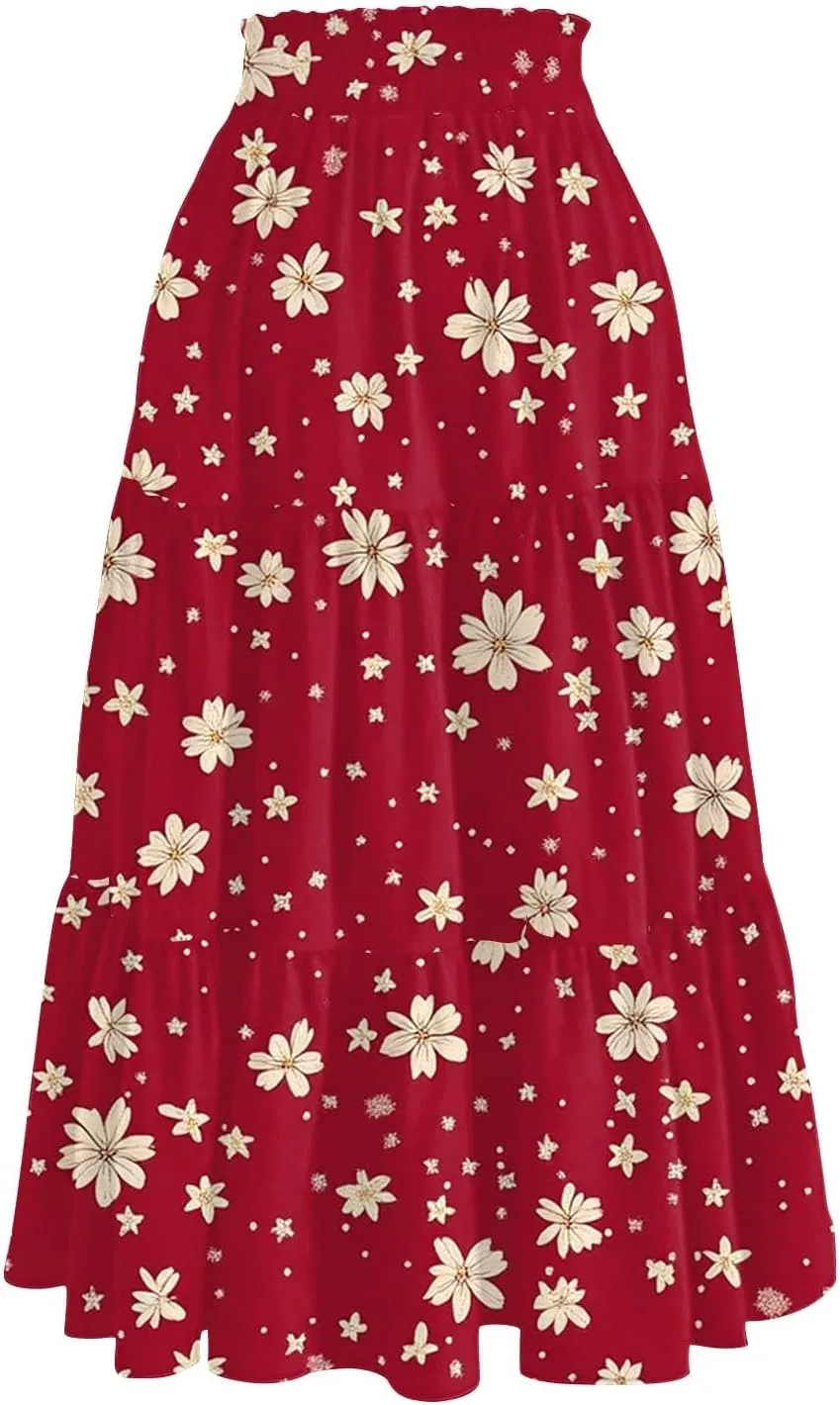 Midi Skirts for Women 2025 Boho Floral Skirts High Elastic Waisted Tiered Ruffle Skirt Flowy A Line Skorts with Pockets