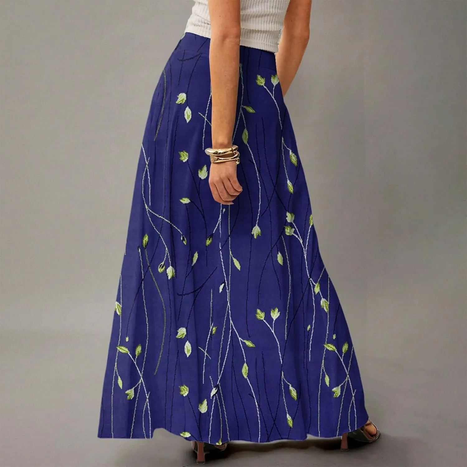 Midi Skirts for Women Summer High Waisted Pleated A-Line Swing Floral Long with Pockets