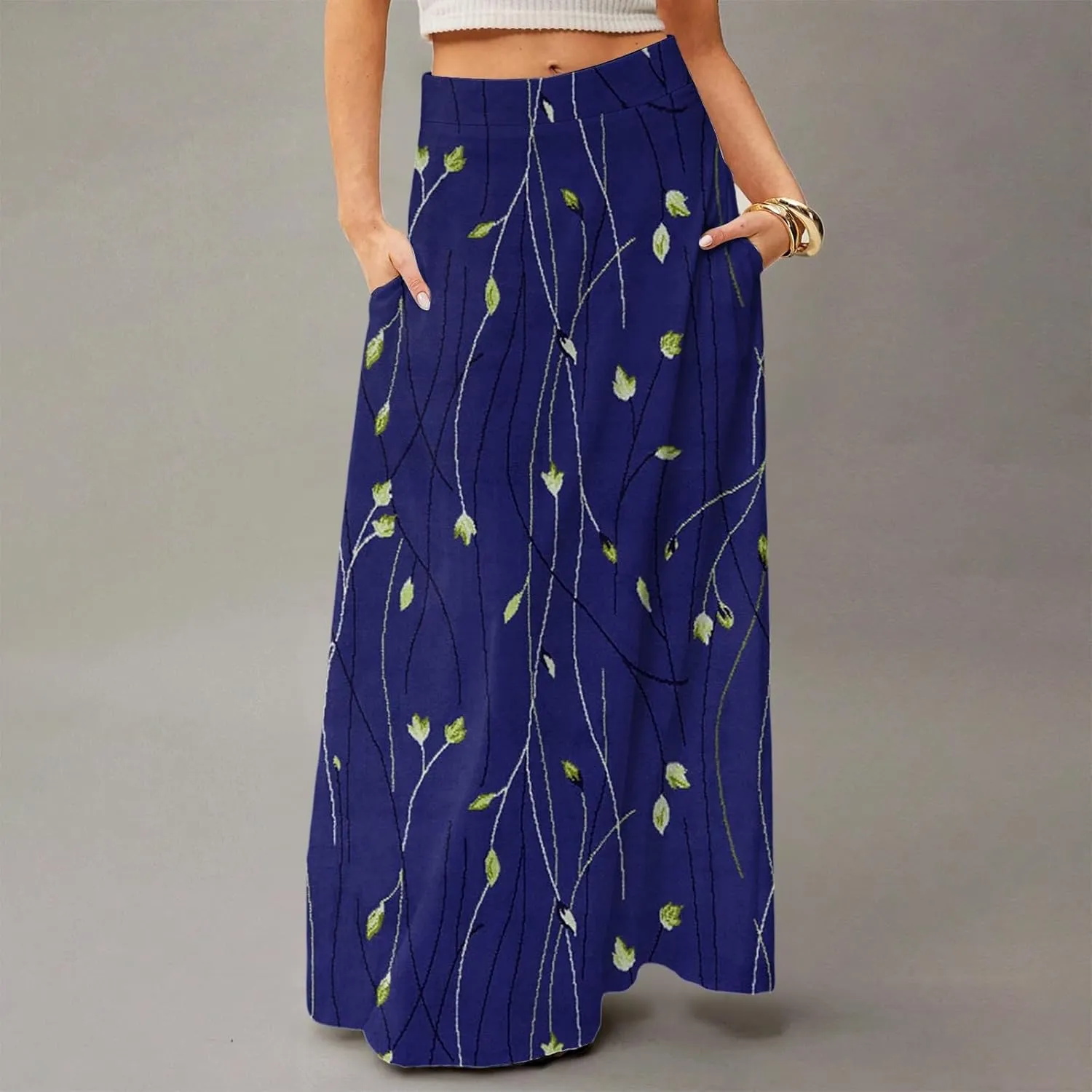 Midi Skirts for Women Summer High Waisted Pleated A-Line Swing Floral Long with Pockets