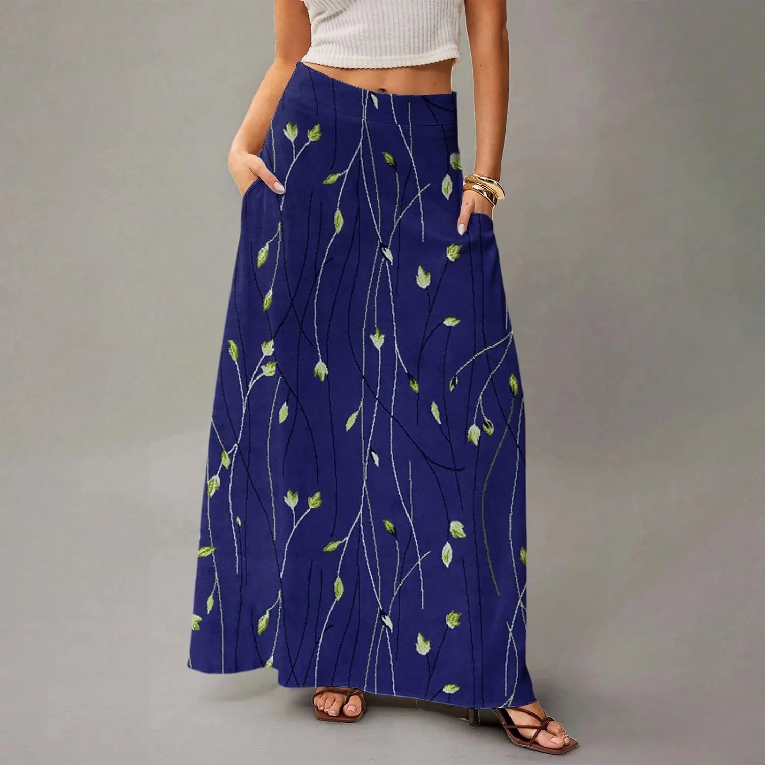 Midi Skirts for Women Summer High Waisted Pleated A-Line Swing Floral Long with Pockets