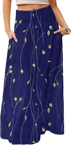 Midi Skirts for Women Summer High Waisted Pleated A-Line Swing Floral Long with Pockets