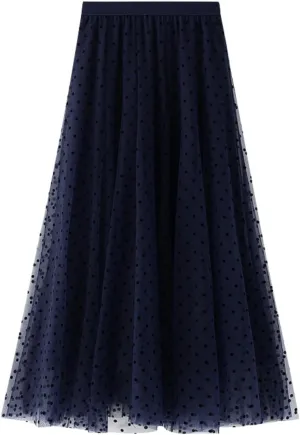 Midi Skirts for Women Women's Flocked Polka Dot Mesh Skirt A Line Mermaidtail Skirt Midi Skirt