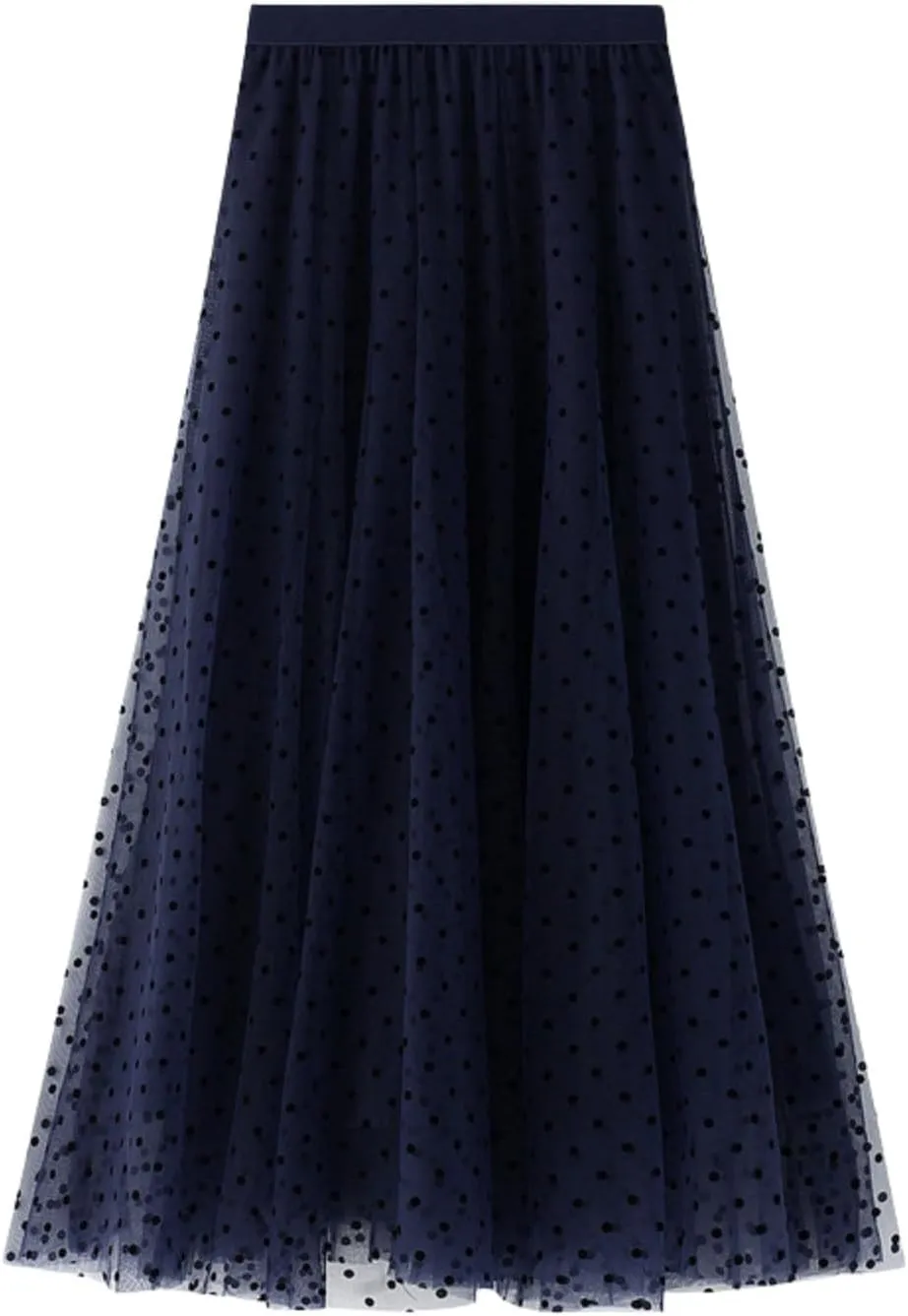Midi Skirts for Women Women's Flocked Polka Dot Mesh Skirt A Line Mermaidtail Skirt Midi Skirt