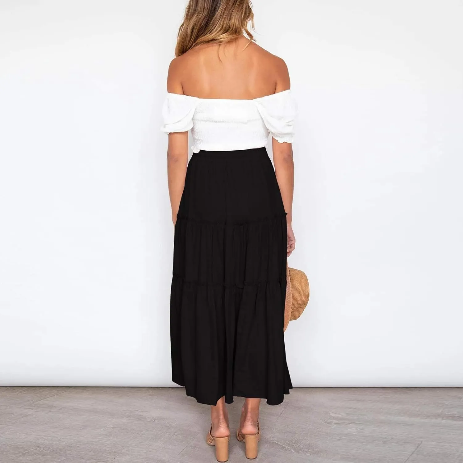 Midi Skirts Womens Boho Elastic High Waist Pleated A-Line Flowy Swing Asymmetric Tiered Maxi Long Skirt Dress