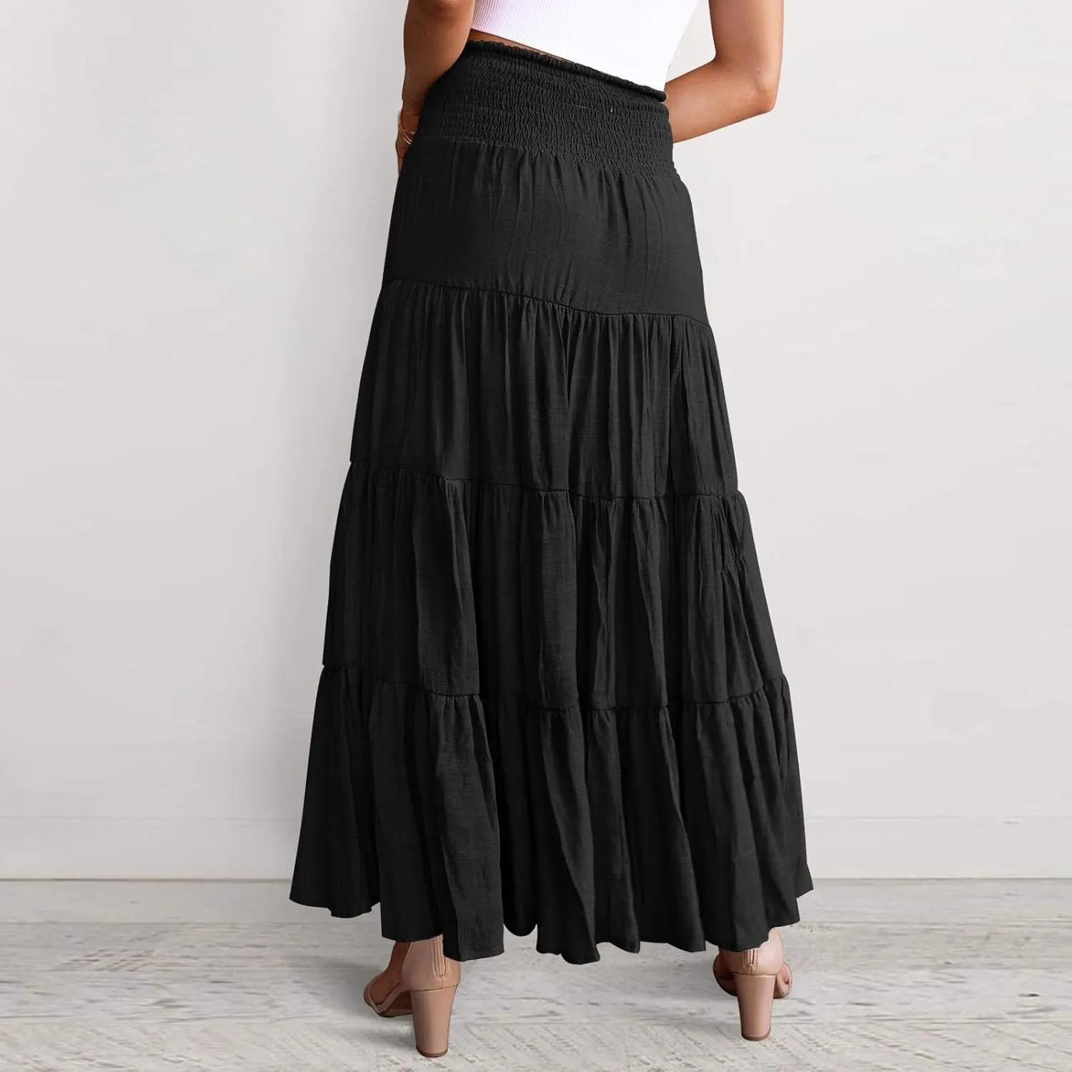 Midi Skirts Womens Boho Elastic High Waist Pleated A-Line Flowy Swing Asymmetric Tiered Maxi Long Skirt Dress