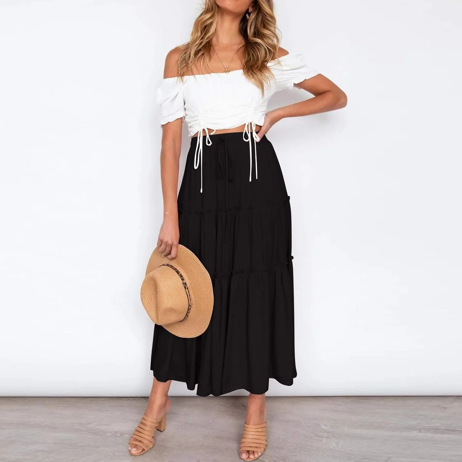 Midi Skirts Womens Boho Elastic High Waist Pleated A-Line Flowy Swing Asymmetric Tiered Maxi Long Skirt Dress