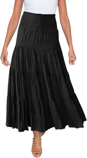 Midi Skirts Womens Boho Elastic High Waist Pleated A-Line Flowy Swing Asymmetric Tiered Maxi Long Skirt Dress