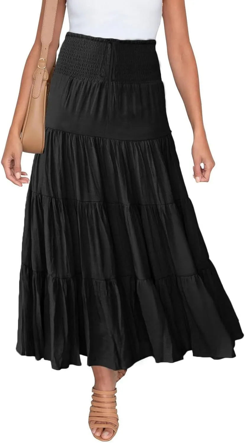 Midi Skirts Womens Boho Elastic High Waist Pleated A-Line Flowy Swing Asymmetric Tiered Maxi Long Skirt Dress