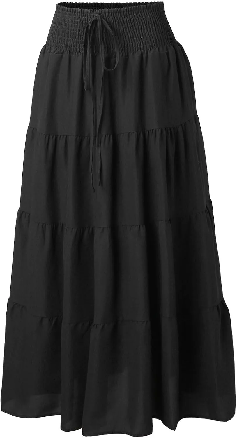 Midi Skirts Womens Boho Elastic High Waist Pleated A-Line Flowy Swing Asymmetric Tiered Maxi Long Skirt Dress