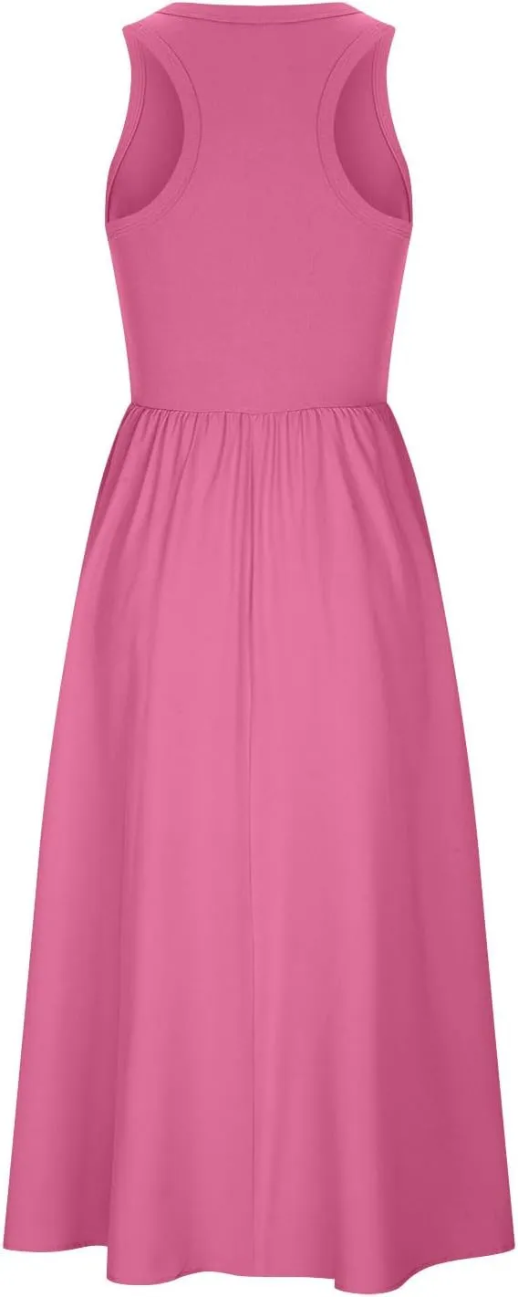 Midi Summer Dresses for Women 2024 Casual Ribbed Loose Fit a Line Dresses Solid Color Sleeveless Long Maxi Dresses