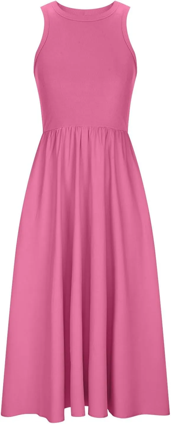 Midi Summer Dresses for Women 2024 Casual Ribbed Loose Fit a Line Dresses Solid Color Sleeveless Long Maxi Dresses