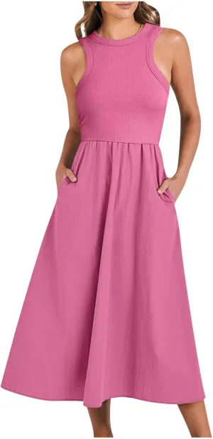 Midi Summer Dresses for Women 2024 Casual Ribbed Loose Fit a Line Dresses Solid Color Sleeveless Long Maxi Dresses