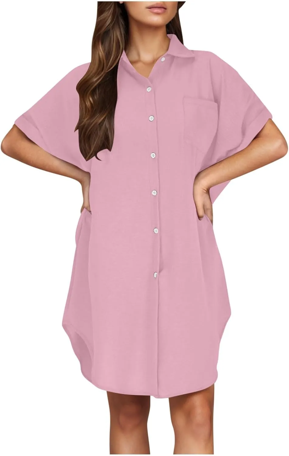 Mini Dress for Women Button Down V Neck Cotton Linen Shirt Dresses Short Sleeve Casual Pure Work Oversized Sundress