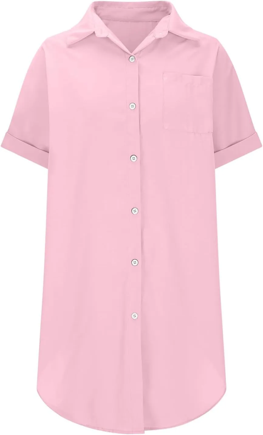 Mini Dress for Women Button Down V Neck Cotton Linen Shirt Dresses Short Sleeve Casual Pure Work Oversized Sundress
