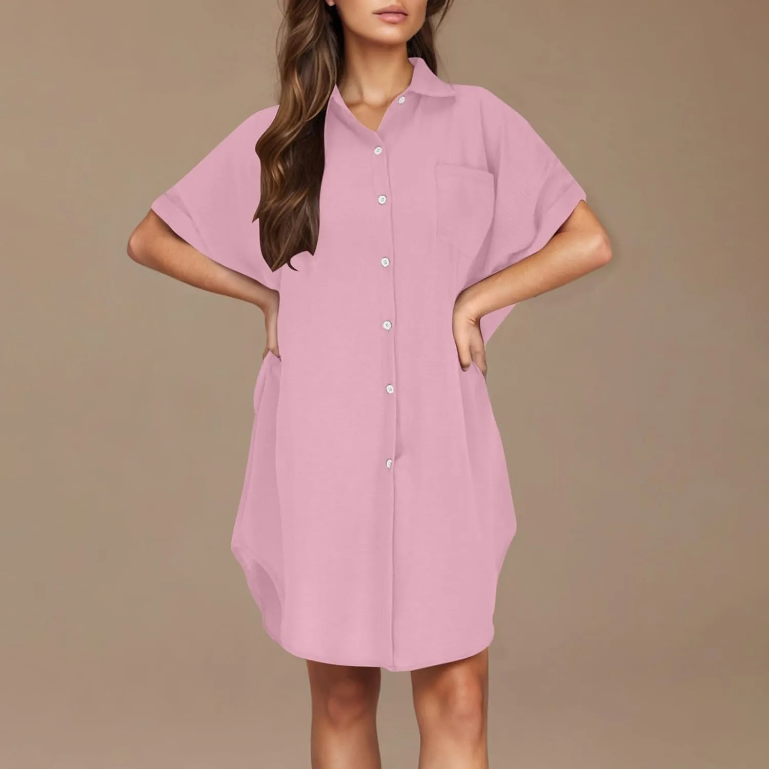 Mini Dress for Women Button Down V Neck Cotton Linen Shirt Dresses Short Sleeve Casual Pure Work Oversized Sundress