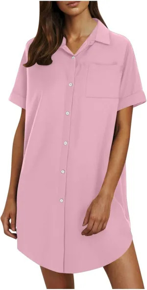 Mini Dress for Women Button Down V Neck Cotton Linen Shirt Dresses Short Sleeve Casual Pure Work Oversized Sundress