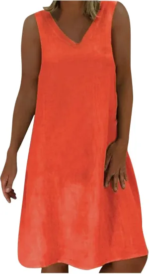 Mini Dresses for Women 2025 Summer Plus Size Sleeveless V Neck Mini Dress Casual Loose Cotton Linen Beach Sundress